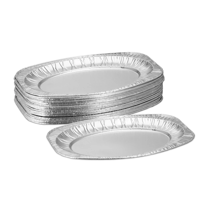 Relaxdays Aluminium Serving Trays, Set of 25, HWD: 4.5 x 35 x 24 cm, Oval Barbecue Dishes, Drip Pans, Grilling, Silver
