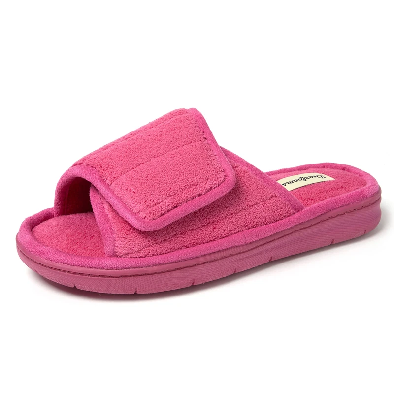 Dearfoams Women's Adjustable Indoor/Outdoor Machine Washable Memory Foam Slide, Paradise Pink Terry, 9-10