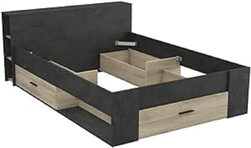 Demeyere Lit Avec Rangement 140x190 Industriel 3 Tiroirs – Coloris Noir Mat & Chêne - 150,1 x 217,1 x 74,3 cm