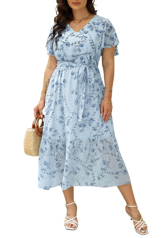 Nemidor Womens Casual Plus Size Boho Print Belted Layered Chiffon Long Dress with Ruffle Sleeve NEM310, Light Blue, 22 Plus