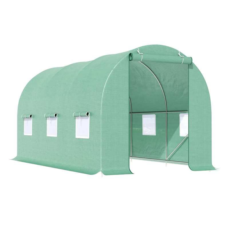 Outsunny 4.5m x 2m Walk-In Polytunnel Greenhouse, with Steel Frame, PE Cover, Roll-Up Door and 6 Windows, Green
