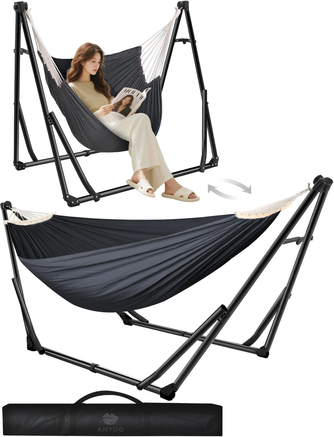 Anyoo Hammock & Hanging Chair with Foldable Stand, Dual Use Portable Hammock Stand Set for Indoor, Outdoor Hammocks
