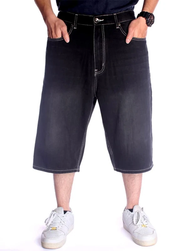 Kinghua Baggy Jean Shorts for Men Casual Loose Fit Hip Hop Skateboard Denim Shorts, Black 024-1, 38