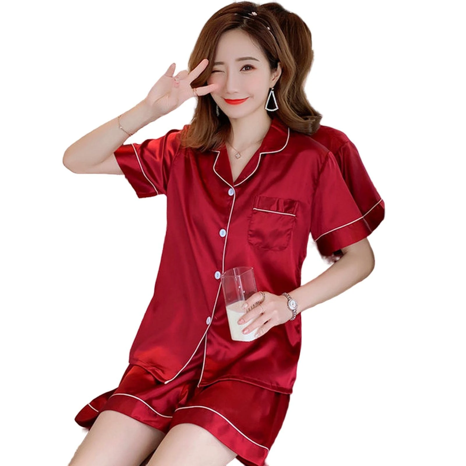 MOGSA Ladies Pyjamas Silk Pajamas Women'S Spring And Summer Long-Sleeved Trousers Suit Thin Ice Silk Satin Ladies Home Service Large Size-25,4Xl 80-90Kg