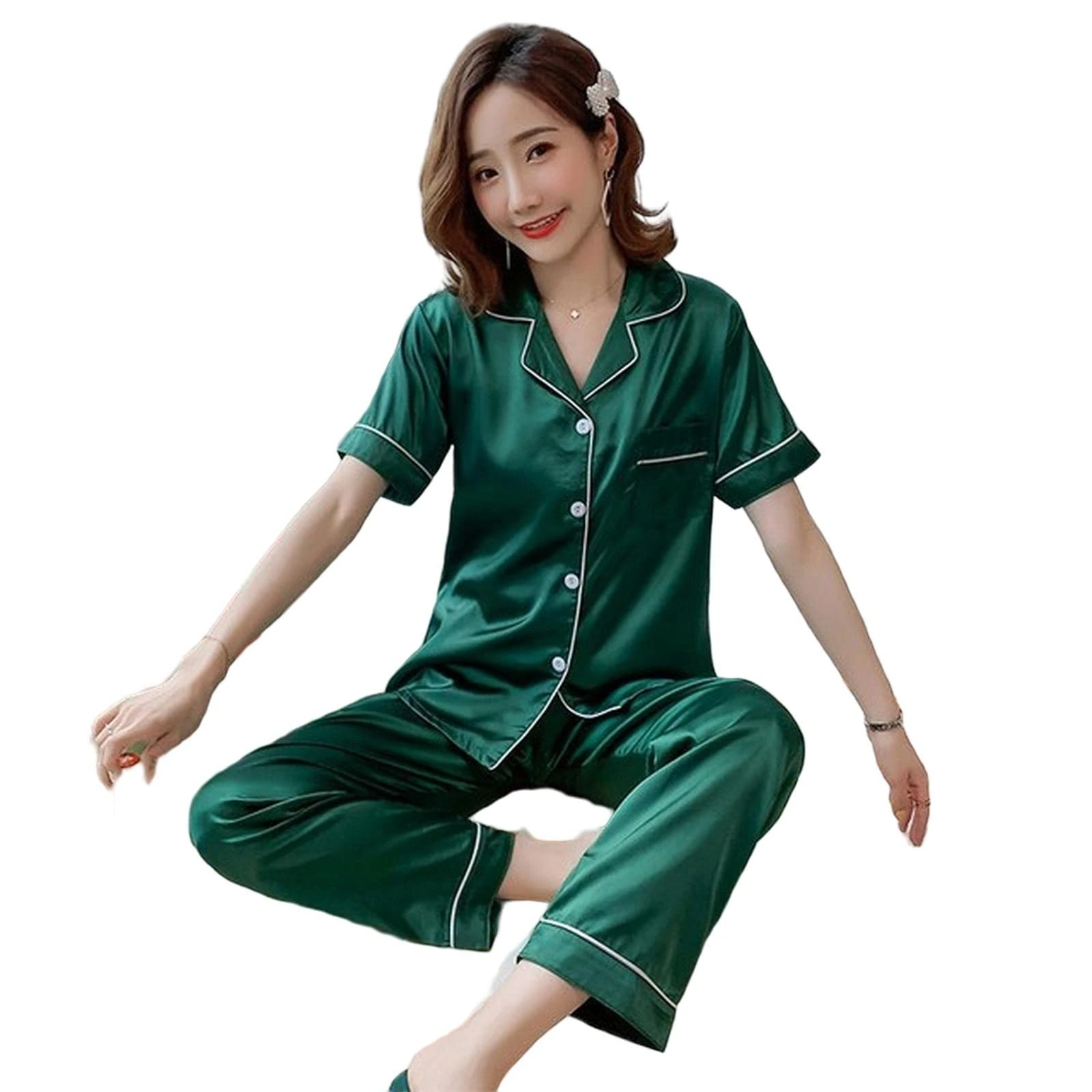 MOGSA Ladies Pyjamas Silk Pajamas Women'S Spring And Summer Long-Sleeved Trousers Suit Thin Ice Silk Satin Ladies Home Service Large Size-18,5Xl 90-100Kg