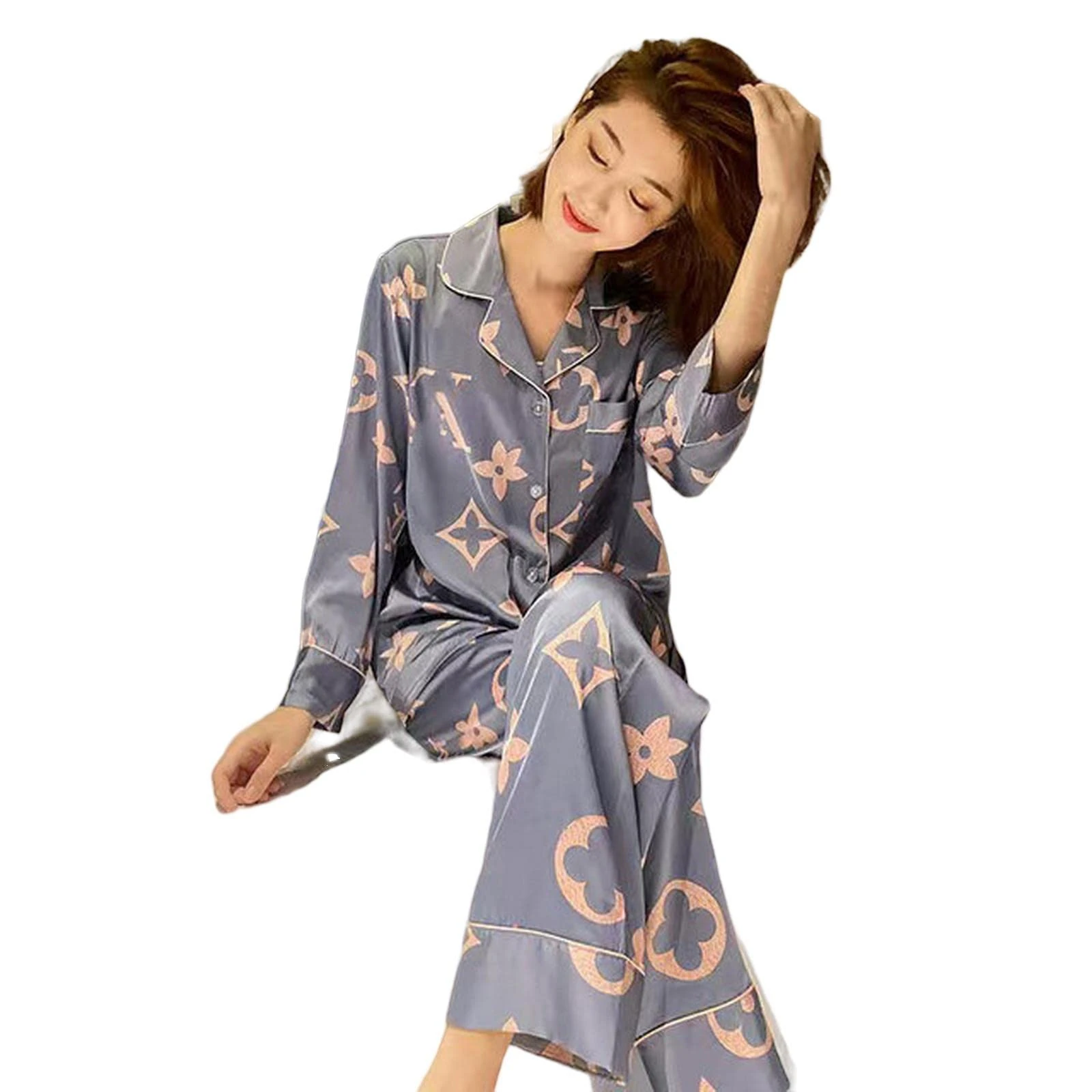 MOGSA Ladies Pyjamas Women Pajamas Set V Neck Design Cross Letter Print Sleepwear Silk Like Home Clothes Xxl Large Size Nightwear-Dl9908,L