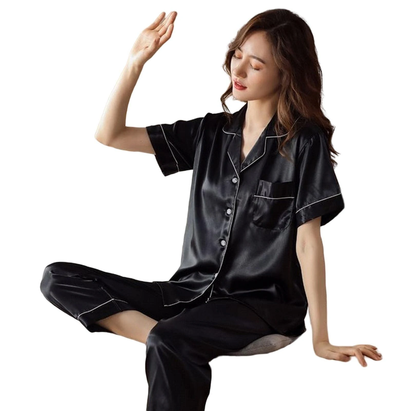 MOGSA Ladies Pyjamas Silk Pajamas Women'S Spring And Summer Long-Sleeved Trousers Suit Thin Ice Silk Satin Ladies Home Service Large Size-10,L 40-50Kg