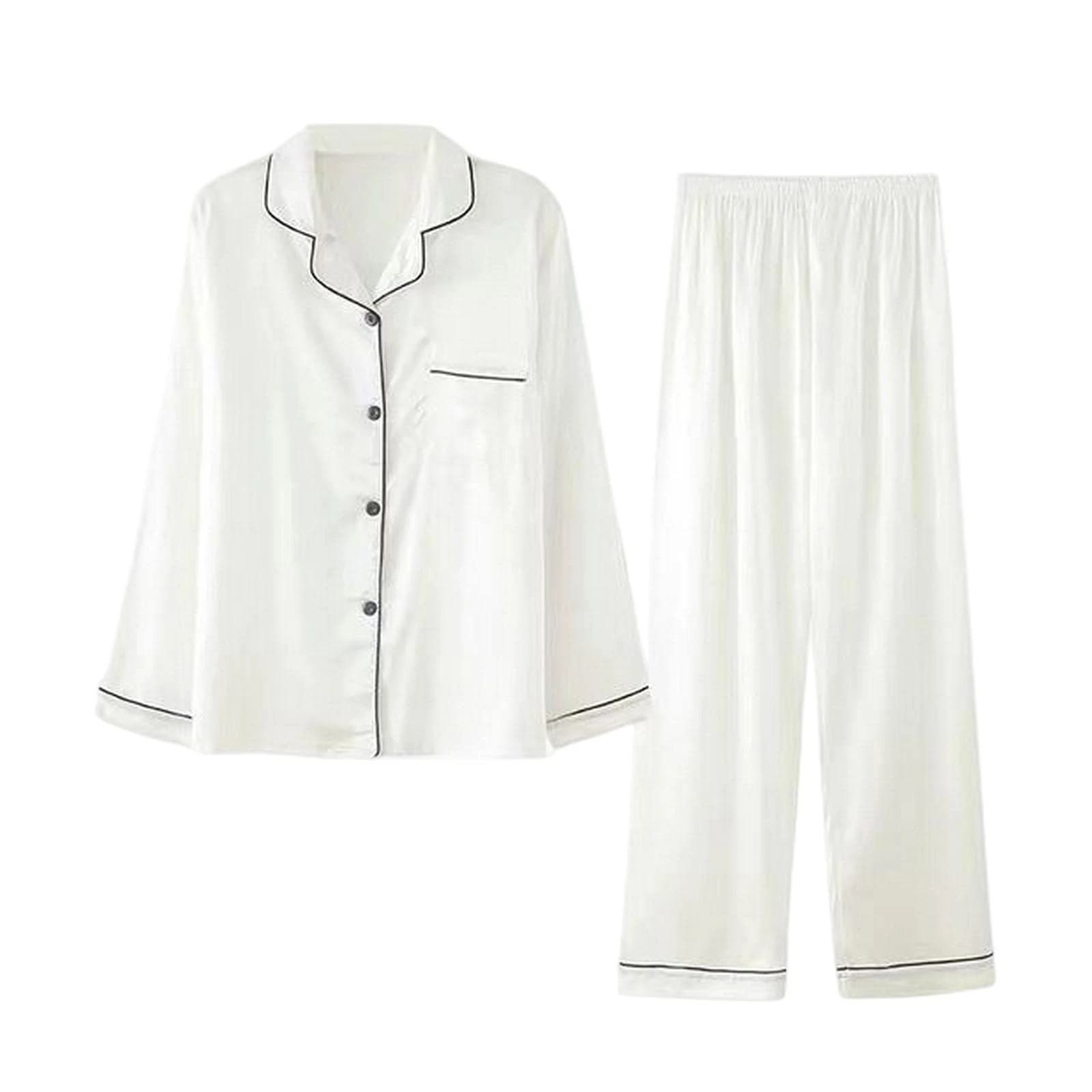 MOGSA Ladies Pyjamas Silk Pajamas Women'S Spring And Summer Long-Sleeved Trousers Suit Thin Ice Silk Satin Ladies Home Service Large Size-1,M 40-50Kg