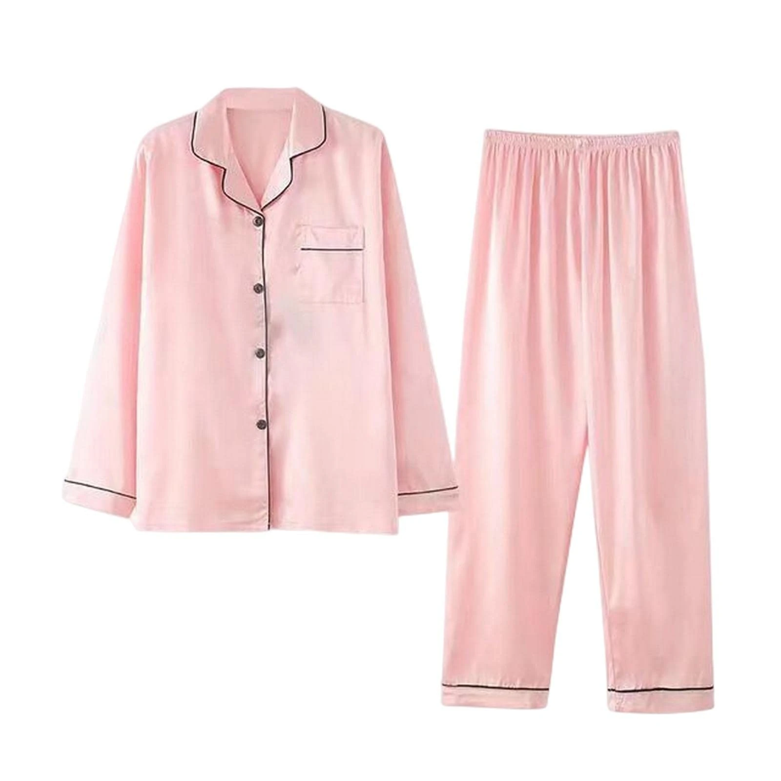 MOGSA Ladies Pyjamas Silk Pajamas Women'S Spring And Summer Long-Sleeved Trousers Suit Thin Ice Silk Satin Ladies Home Service Large Size-6,L 40-50Kg