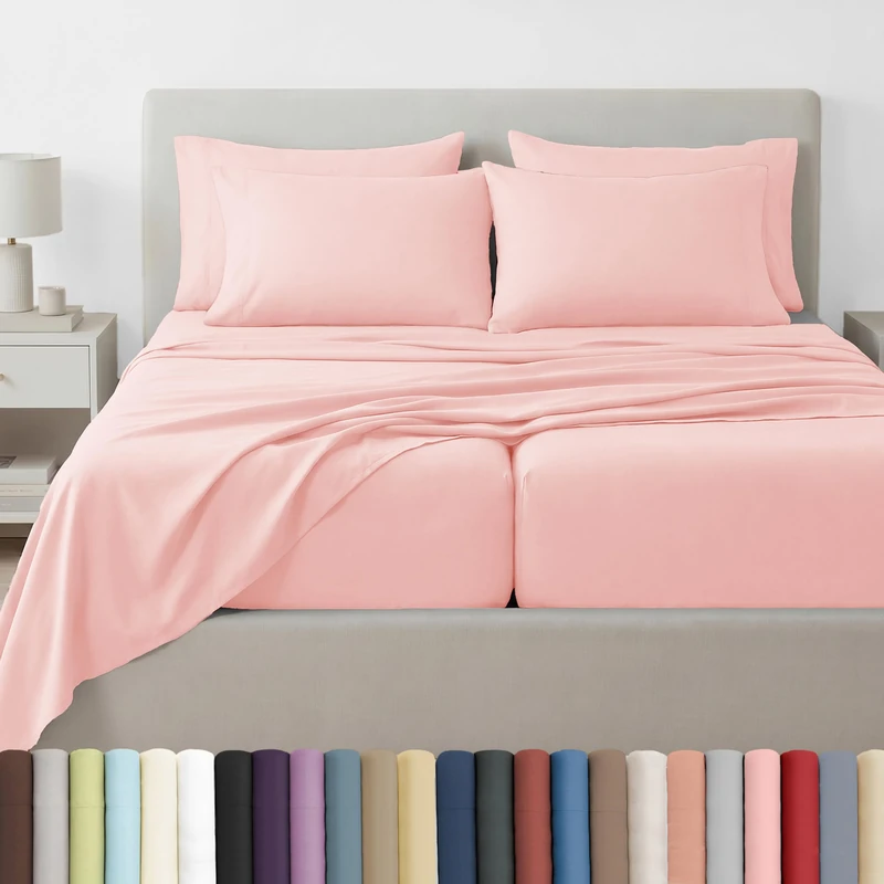 Southshore Fine Living, Inc. 7-Piece Split King Sheet Set, 21-Inch Split King Size Sheets Deep Pocket Set, Fitted and Flat Sheet, Microfiber Bedding, Pink Pillow Cases Set of 4, Pink Sheets