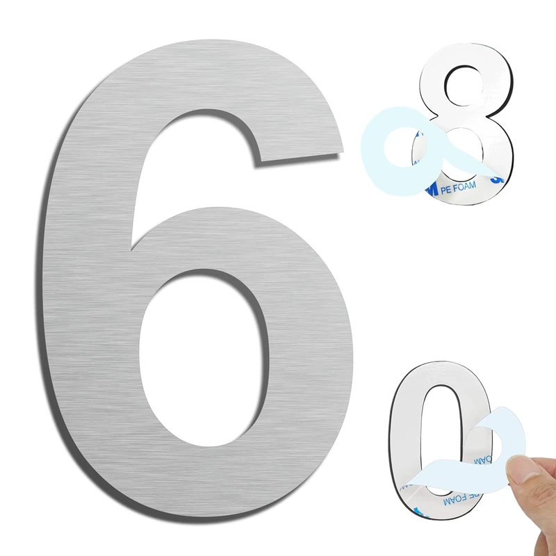 Ywonoby House Numbers - 3 Inch Self Adhesive Metal Stainless Steel Door Numbers Stickers for House Mailbox Apartment Hotel Courtyard - Silver(6)