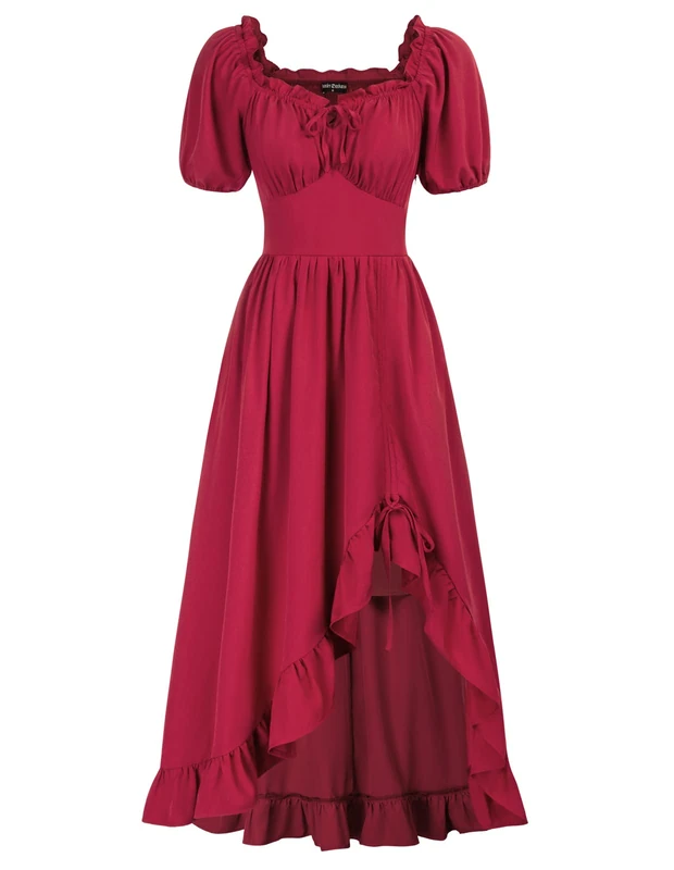 Scarlet Darkness Renaissance Dress Women Cottagecore Corset Dress Ruffle Maxi Dress with Pockets, Red, XL