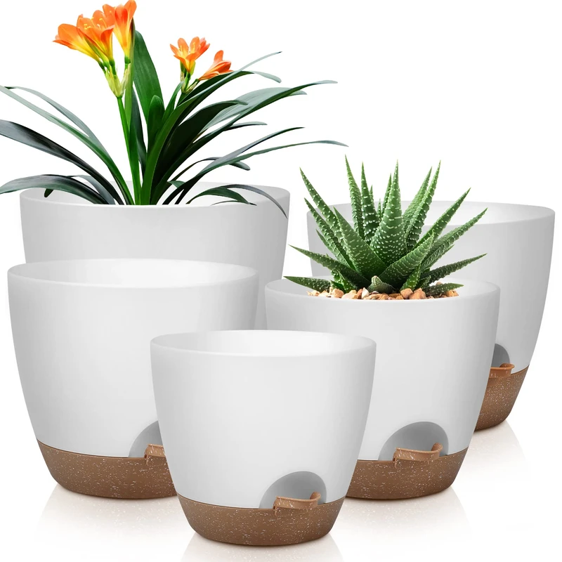 QRRICA Plant Pots 10/9/8/7.5/7 Inch Self Watering Pots, Set of 5 Plastic Planters with Drainage Holes and Saucers,Plastic Flower Pots,Nursery Planting Pot for Indoor Out Door Plants（White）
