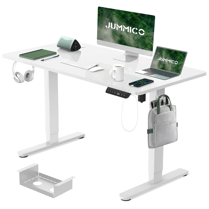 JUMMICO Electric Standing Desk 120x60 cm with Charging Port, Height Adjustable Computer Desk with Cable Tray,Ergonomic Sit Stand up Desk Rising Table Home Office Furniture, White