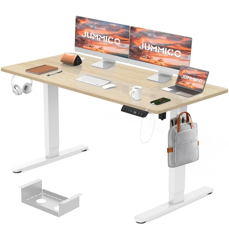 JUMMICO Electric Standing Desk 140x70 cm with Charging Port, Height Adjustable Computer Desk with Cable Tray,Ergonomic Sit Stand up Desk Rising Table Home Office Furniture, Beige