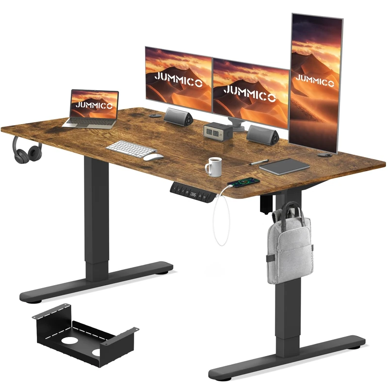JUMMICO Electric Standing Desk 160x80 cm with Charging Port, Height Adjustable Computer Desk with Cable Tray,Ergonomic Sit Stand up Desk Rising Table Home Office Furniture, Vintage Brown - Image 1