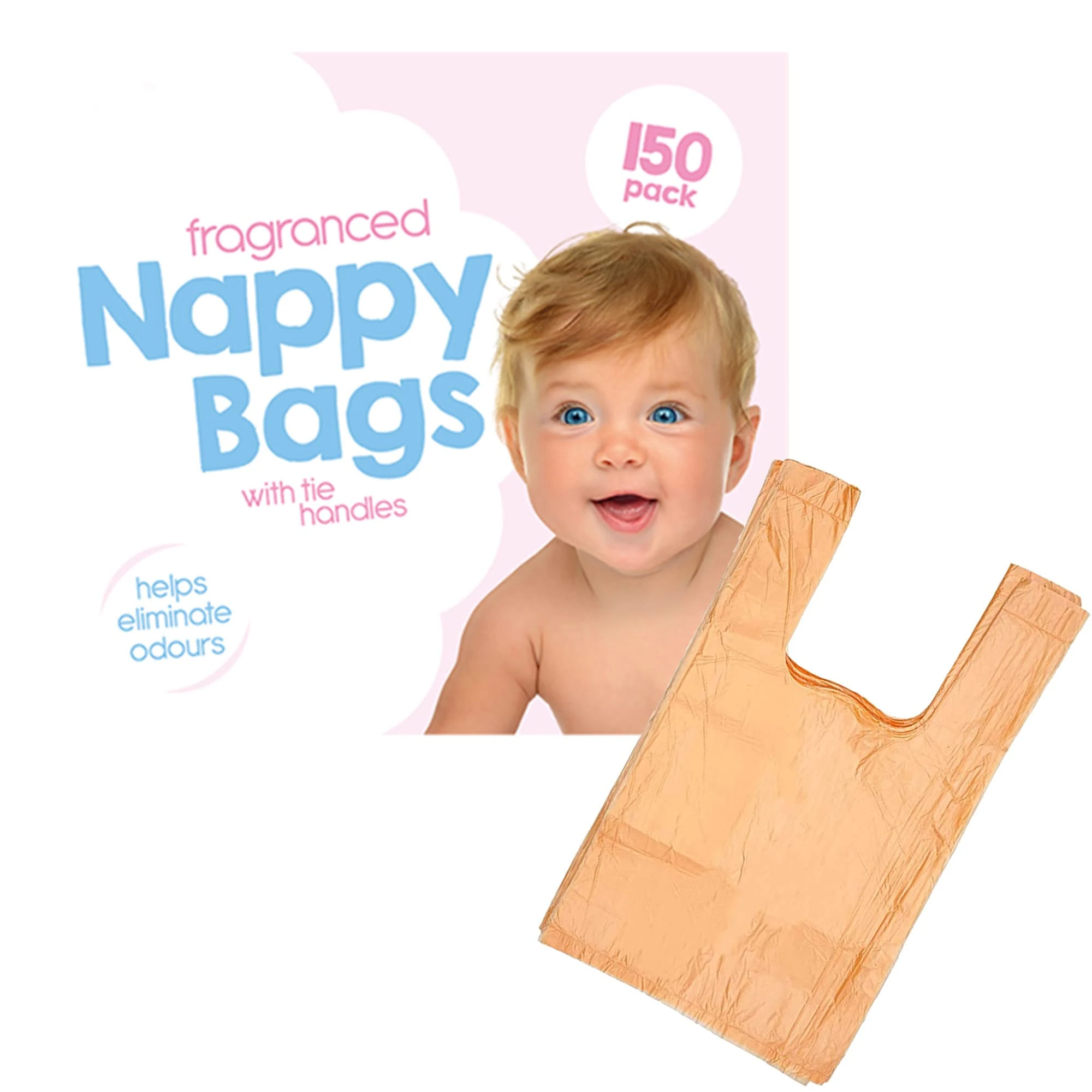 150 Coloured Nappy Bags with Tie Handles, Fragranced for Eliminating Odours, Durable and Leak-proof, Light-weight and Perfect for Babies Travel Bags