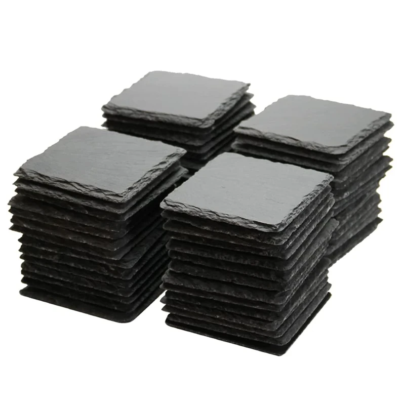 MONKEY SUN 60 Pack 4 x 4 Inch Gorgeous Black Slate Stone Coasters Bulk Square Slate Stone Cup Coaster for Drink Bar Kitchen Home, Handmade Natural Rough Edge, Set of 60