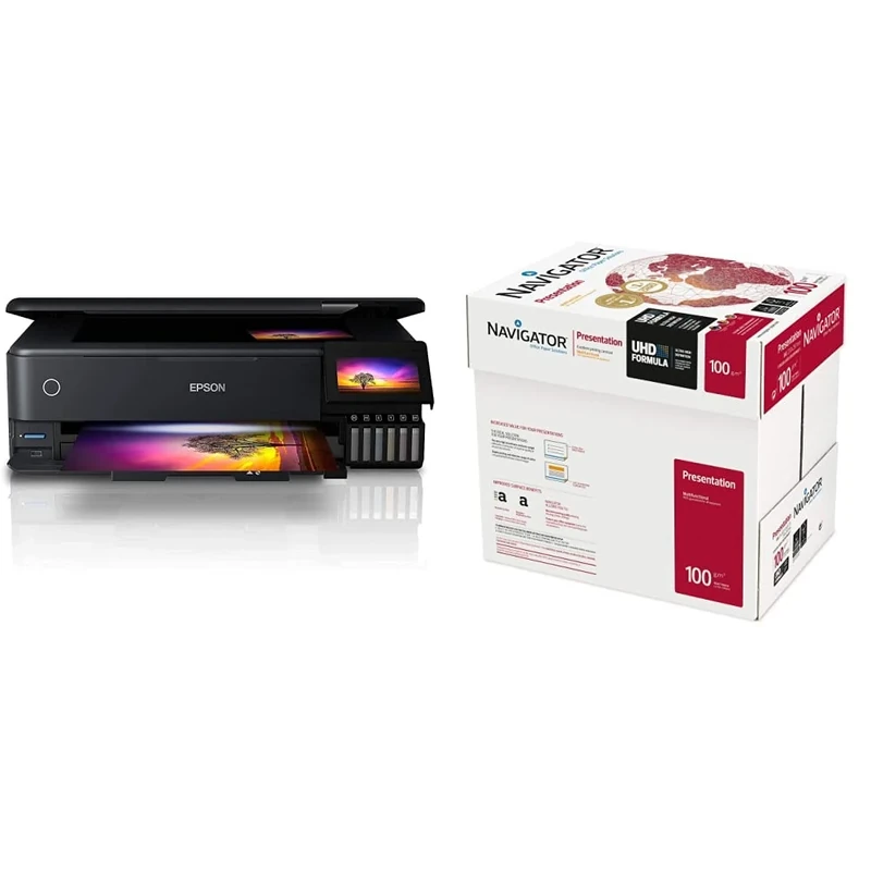 Epson EcoTank ET-8550 A3 Print/Scan/Copy Wi-Fi Photo Ink Tank Printer, With Up To 2 Years Worth Of Ink Included & Navigator Presentation A4 100gsm - Box of 5 Reams (5x500 Sheets)
