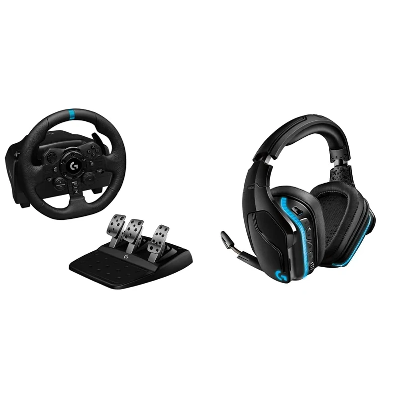 Logitech G923 Racing Wheel and Pedals - Black & 35 RGB Wireless Gaming Headset, 7.1 Surround Sound, DTS X 2.0, 50mm Pro-G Drivers, 2.4GHz, Rocker Mic, PC/Mac/PS4/Nintendo Switch - Black