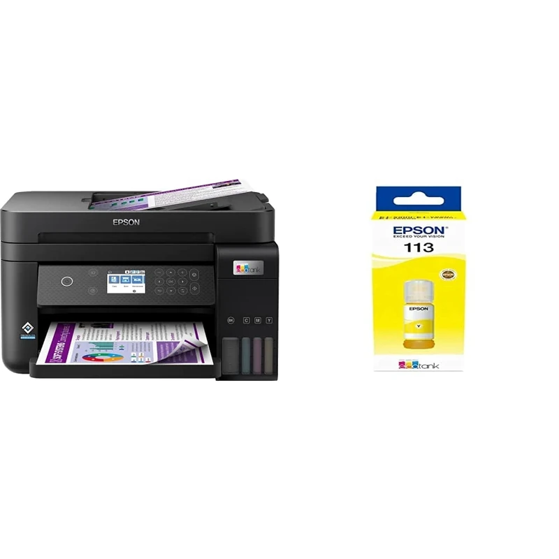 Epson EcoTank ET-3850 Print/Scan/Copy Wi-Fi Ink Tank Printer, With Up To 3 Years Worth Of Ink Included & EcoTank 113 Yellow Genuine Ink Bottle, 70 ml (Pack of 1)