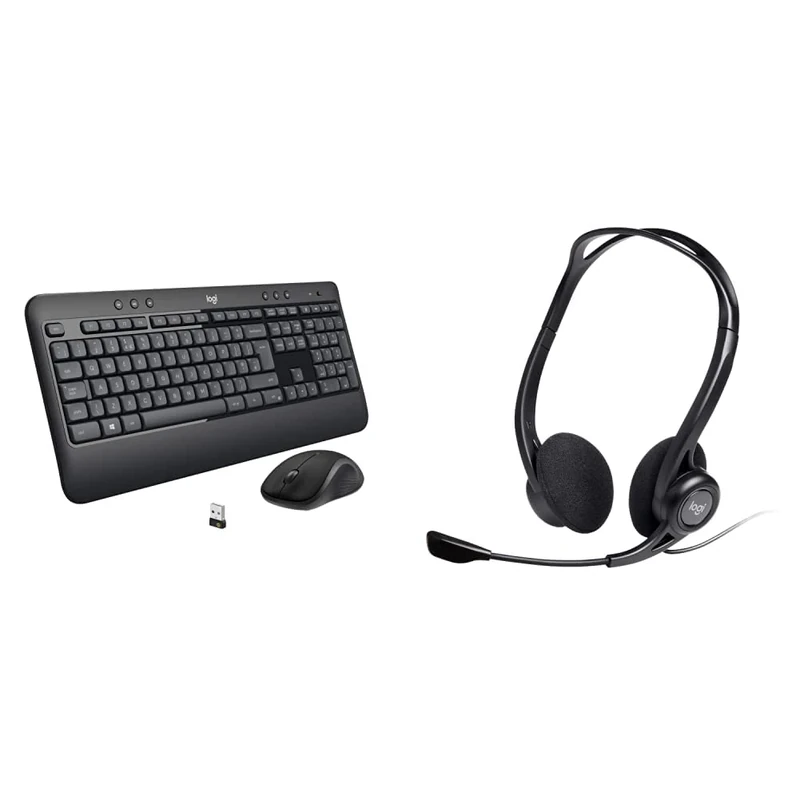 Logitech MK540 Advanced Wireless Keyboard and Mouse Combo, Black & 960 Wired Headset, Stereo Headphones with Noise-Cancelling Microphone, USB - Black, Pack of 1