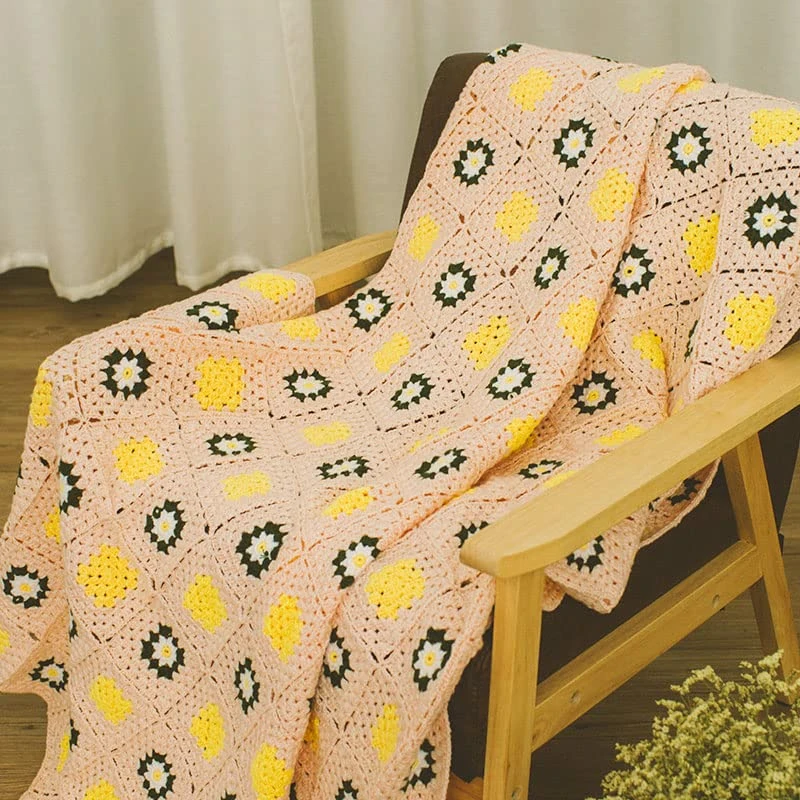 RISEON Handmade Granny Square Crochet Throw Blanket Sweater Style Mat, Crochet Quilt, Multicolor Boho Travel Accent Decor Throw for Sofa Comforter Couch Bed Recliner Living Room Bedroom (Pink)