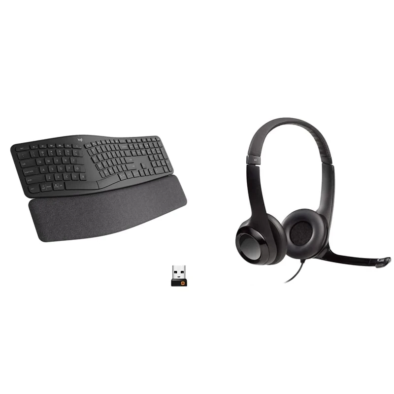 Logitech ERGO K860 Wireless Ergonomic Keyboard, Grey & H390 Wired Headset for PC/Laptop, Stereo Headphones with Noise Cancelling Microphone, USB-A, In-Line Controls, Works with Chromebook - Black