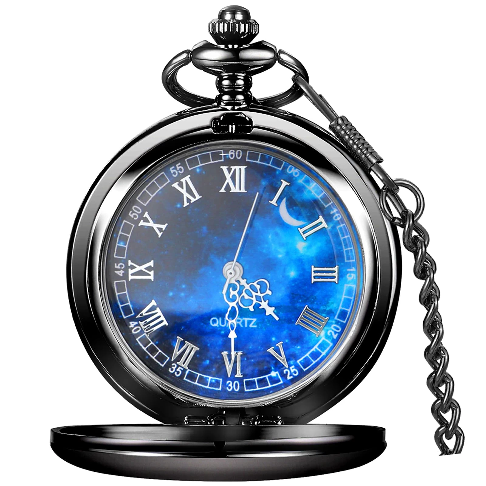 Tiong Black Pocket Watch Smooth Steel Blue Starry Design Roman Numerals Quartz Pocket Watch with Chain Father Day Birthday Gift