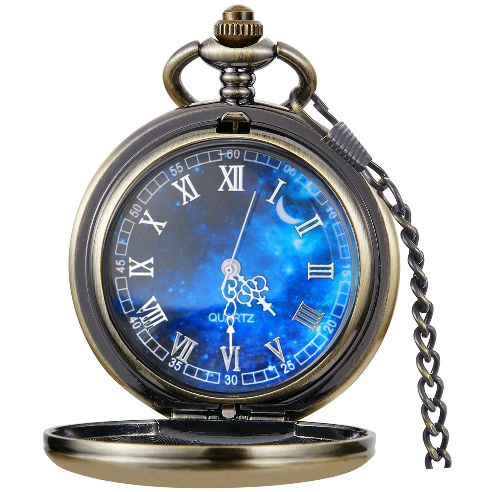 Tiong Bronze Pocket Watch Smooth Steel Blue Starry Design Roman Numerals Quartz Pocket Watch with Chain Father Day Birthday Gift