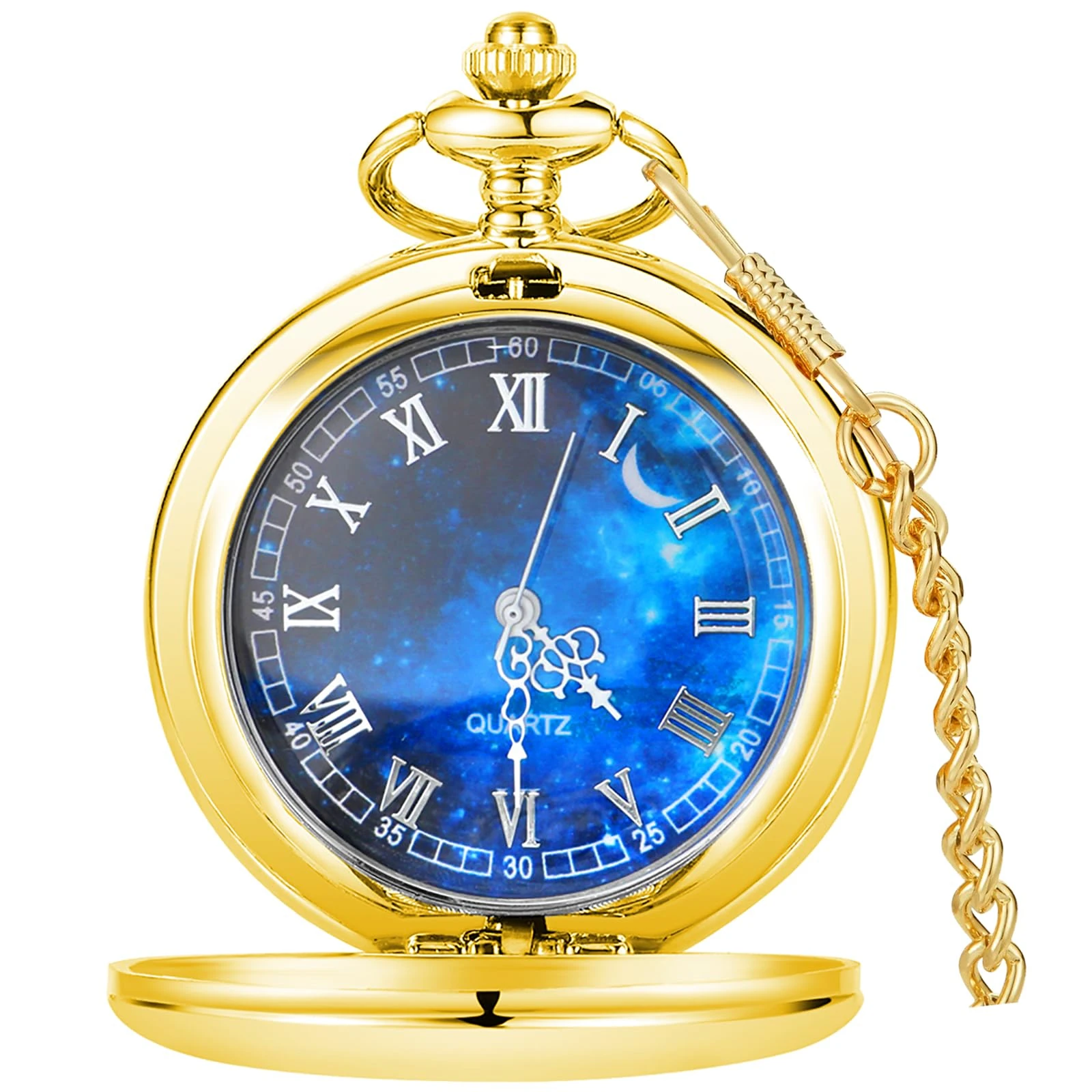 Tiong Gold Pocket Watch Smooth Steel Blue Starry Design Roman Numerals Quartz Pocket Watch with Chain Father Day Birthday Gift