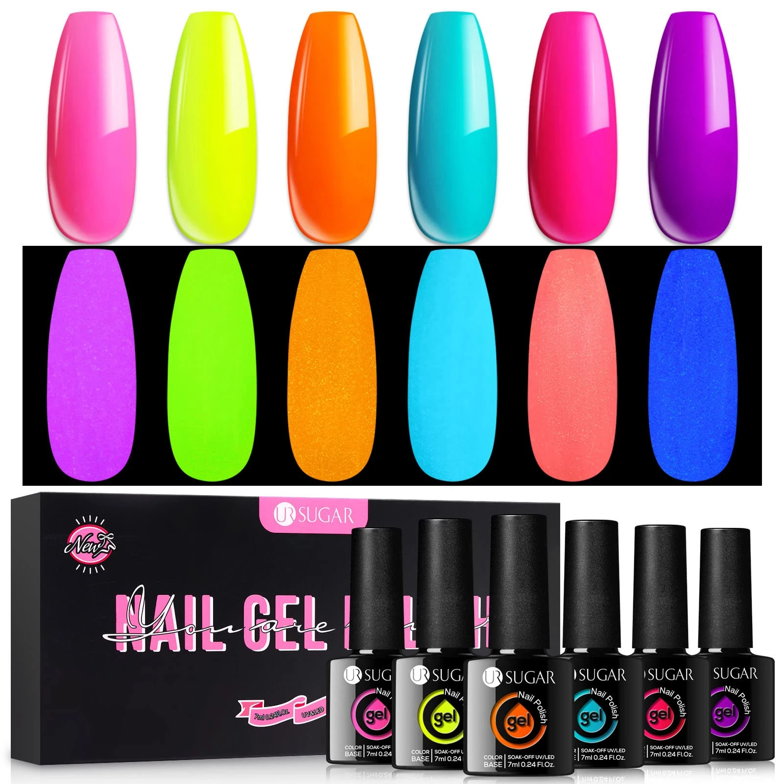 UR SUGAR Glow in The Dark Gel Nail Polish Set, 6 Colours Halloween Neon Luminous Gel Polish Hot Pink Orange Yellow Purple Fluorescent Bright Colour Gel Nail Varnish Set Soak Off Nail Art Manicure Kit
