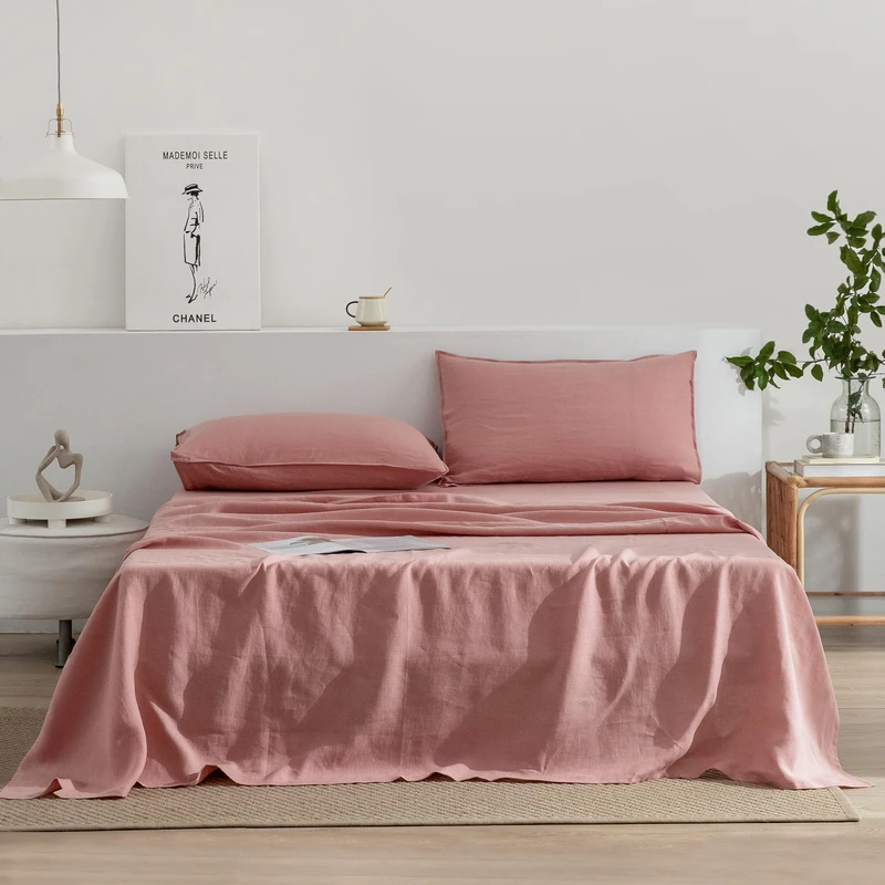 EVERLY Linen Sheets Set Full Size,100% French Stonewash Pure Linen Sheets Set,4Pieces (1Flat Sheet,1Fitted Sheet,2Pillowcase) Suitable for Hot Sleepers,Deep Pocket Natural Bedding Set-Pink