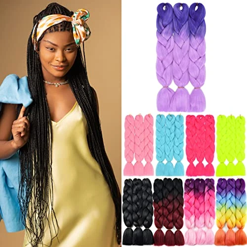 YAMEL Ombre Braiding Hair Kanekalon Braiding Hair Synthetic Hair Extensions for Braiding Crochet Twist Box Braids 24 Inch 2 Tone Ombre Purple 3 Packs Jumbo Braiding Hair