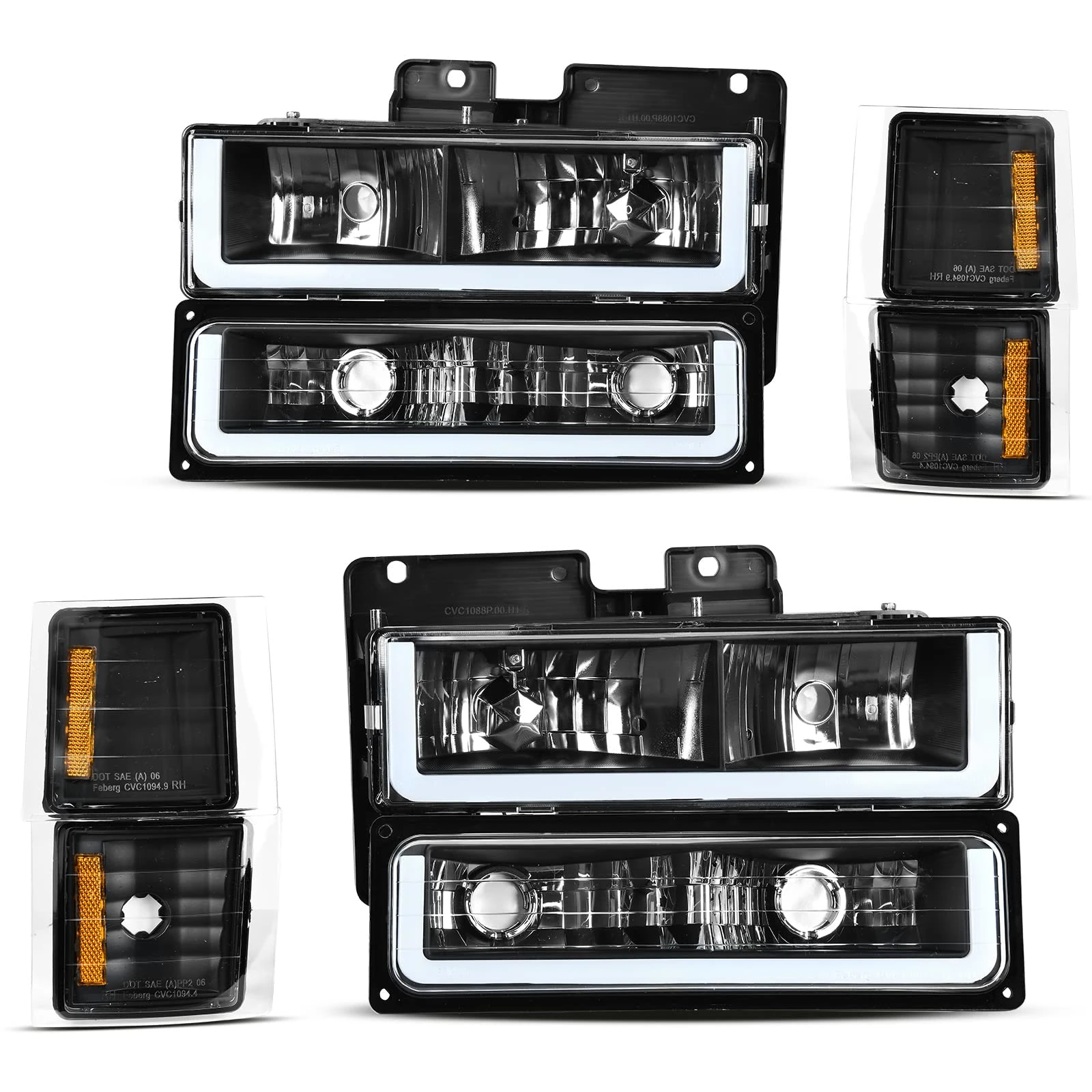 DWVO LED DRL Headlights Assembly Compatible with 1994 1995 1996 1997 1998 1999 Chevy Silverado Tahoe Suburban C10 C/K 1500 2500 3500 Replacement Headlamp with Corner Light Black Housing