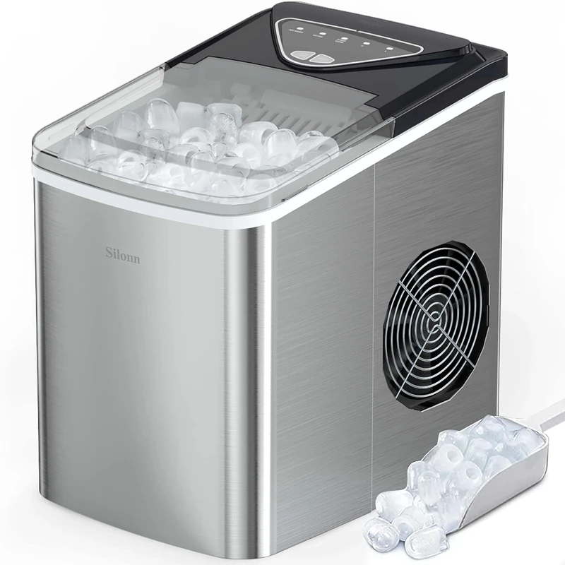Silonn Portable Ice Maker Countertop, Self-Cleaning Ice Machine Produces 9 Ice Cubes in 6 Minutes, 12KG Daily Capacity, Ideal for Home Camping and RVs (Stainless Steel-IM01)