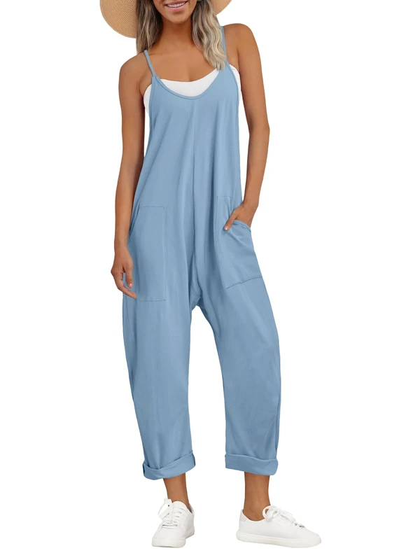 AUTOMET Jumpsuits for Women Casual Summer Rompers Sleeveless Loose Spaghetti Strap Baggy Overalls Jumpers with Pockets 2023, Lightblue, X-Large
