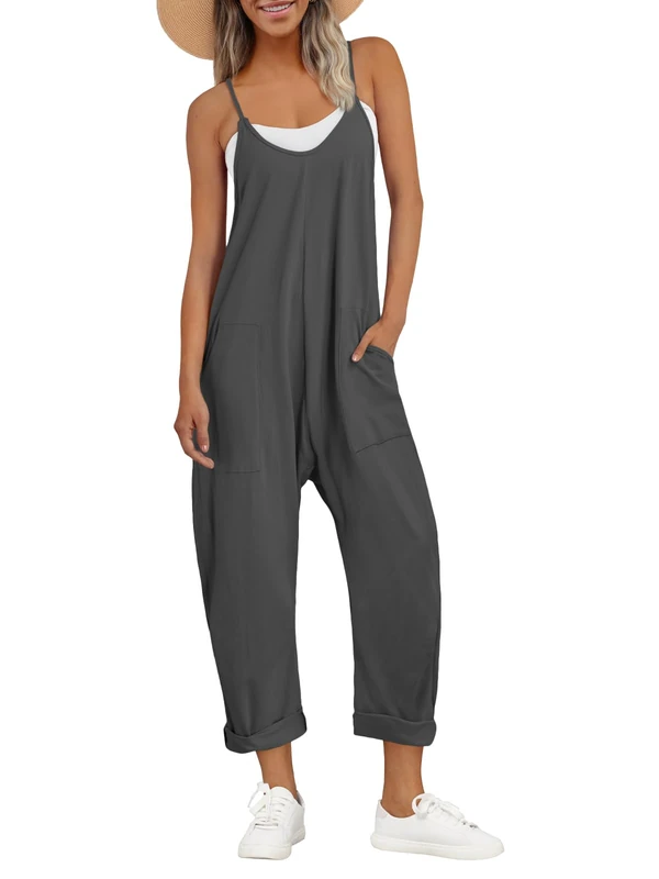 AUTOMET Jumpsuits for Women Casual Summer Rompers Sleeveless Loose Spaghetti Strap Baggy Overalls Jumpers with Pockets 2023, Darkgrey, Small - Image 1