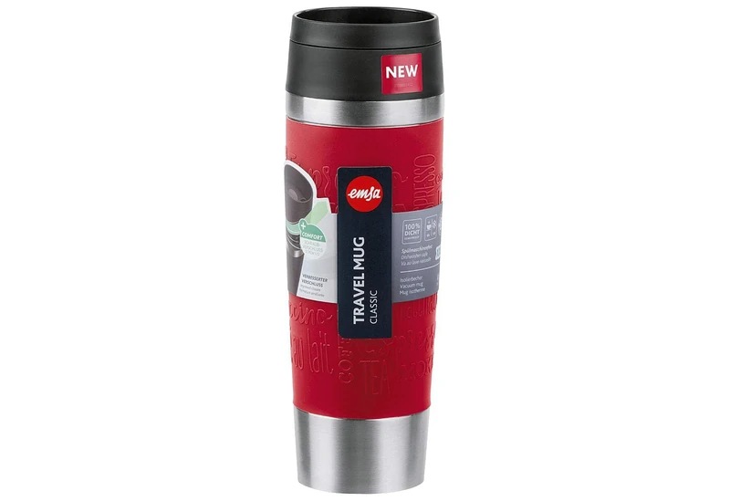 Emsa N20222 Travel Mug Classic Insulated Mug 0.5 litres Comfort Screw Cap Stainless Steel 6 Hours Hot and 12 Hours Cold 100% Leak-Proof Dishwasher Safe 360° Drinking Opening Dark Red