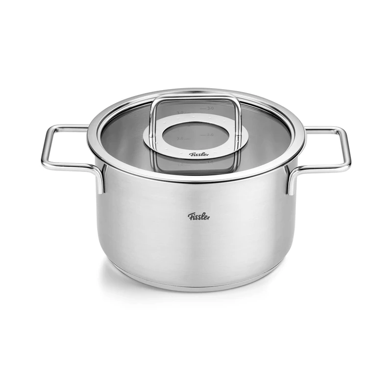 Fissler Pure Collection/Stainless Steel Cooking Pot (Diameter 20 cm, 3.6L) Pots with Glass Lid, Internal Scale - Induction