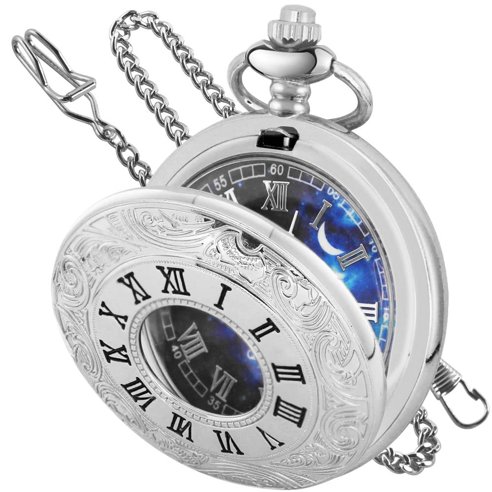 Tiong Silver Pocket Watch Hollow Blue Starry Design Roman Numerals Men's Vintage Quartz Pocket Watch with Chain