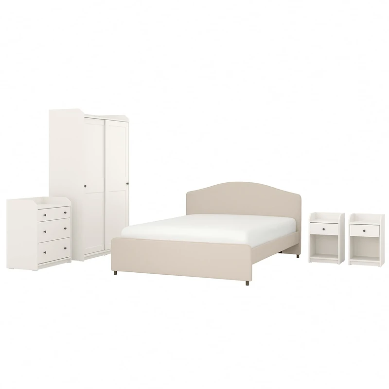 IKEA HAUGA Bedroom Furniture Set - 5 Pieces, 160x200 cm, Beige/White