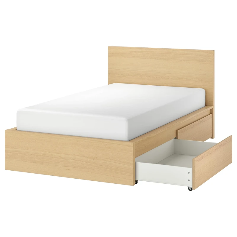 IKEA MALM Bed Frame, high, w 2 Storage Boxes, 120x200 cm, White Stained Oak Veneer