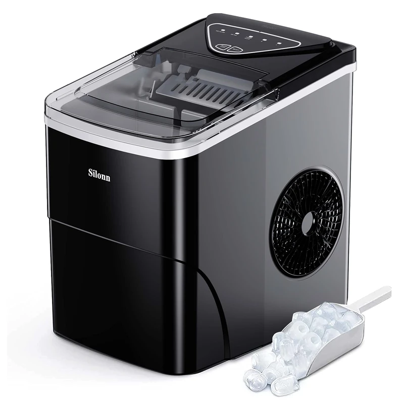 Silonn Ice Makers Countertop, 9 Cubes Ready in 6 Mins, 12KG in 24Hrs, Self-Cleaning Ice Machine with Ice Scoop and Basket, 2 Sizes of Bullet Ice for Home Kitchen Office Bar Party