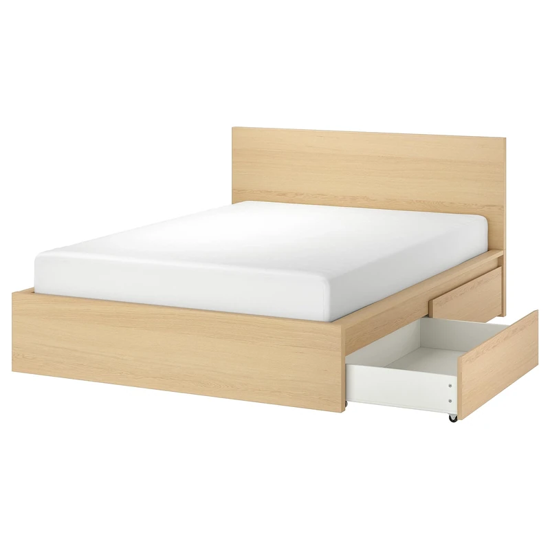IKEA MALM Bed Frame, high, w 4 Storage Boxes, 180x200 cm, White Stained Oak Veneer/Luröy
