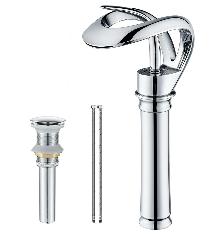 AUU Elegant Bathroom Sink Faucet 1 Hole Waterfall Tall Vessel Sink Faucet Solid Brass Chrome Finish,Pop Up Drian Included