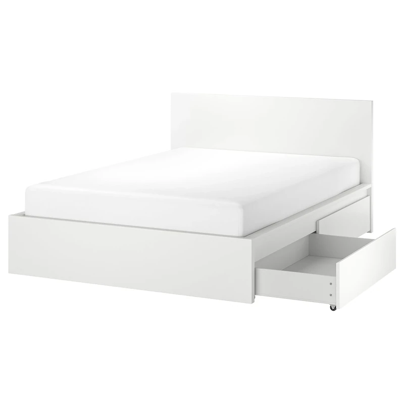 IKEA MALM High Bed Frame with 2 Storage Boxes - 180x200 cm White/Luroy