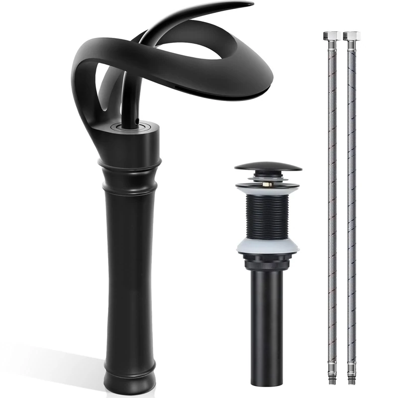 AUU Matte Black Vessel Sink Faucet, Modern Single Handle Bathroom Faucet Tall Bowl Basin Faucet Single Hole with Pop up Drain Assembly Supply Line