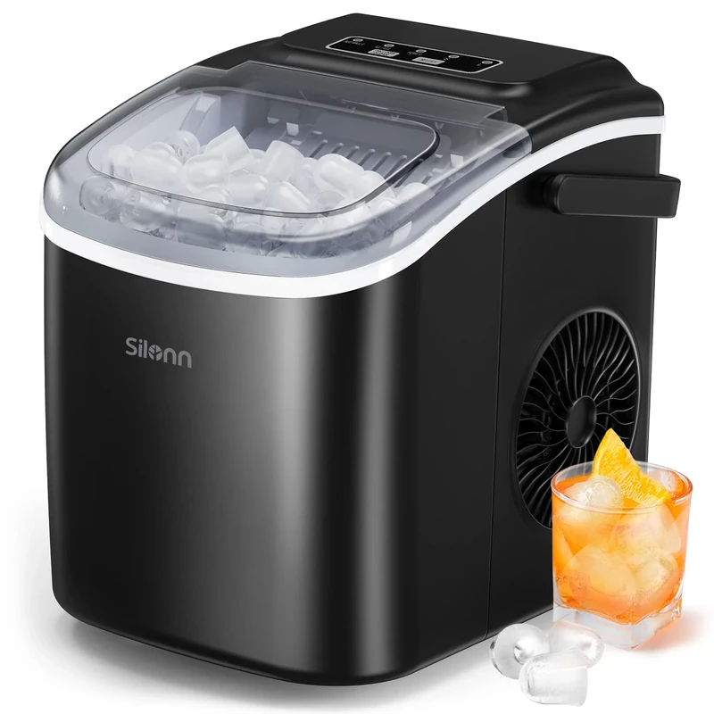 Silonn Countertop Ice Maker Machine, 9 Cubes Ready in 6 Mins, 12 KG in 24Hrs, Self-Cleaning Ice Machine with Ice Scoop and Basket, 2 Sizes of Bullet Ice for Home Kitchen Office Bar Party