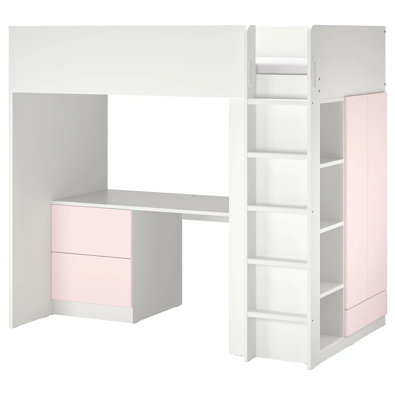 IKEA SMASTAD Loft Bed 90x200 cm White/Pale Pink Desk + 3 Drawers